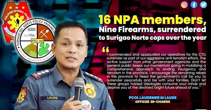 16 NPA members, surrenders to Surigao del Norte cops